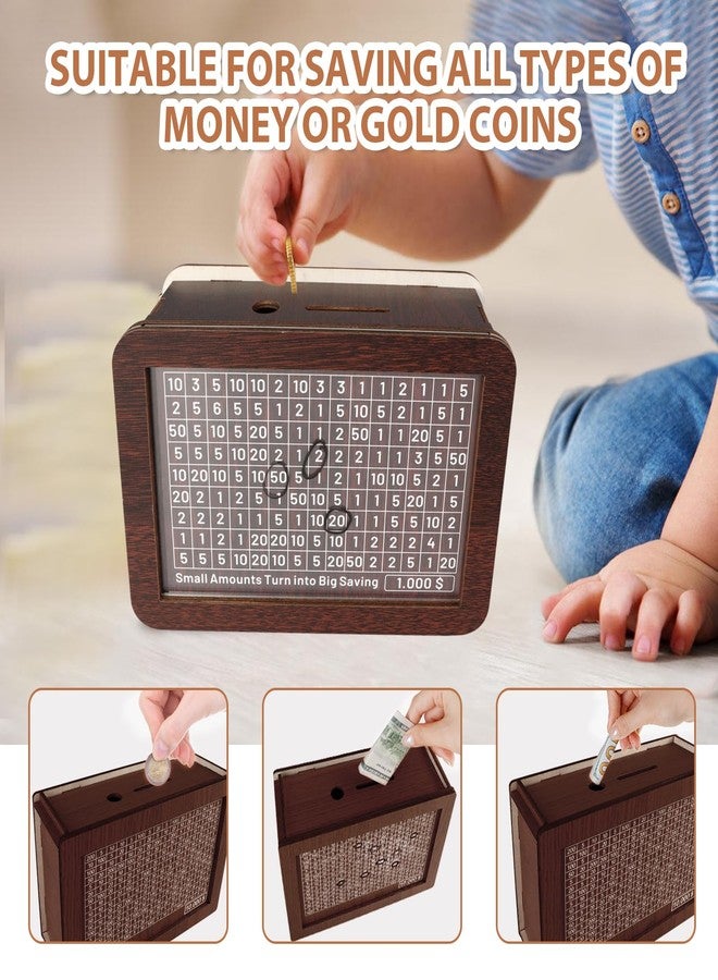 ZRW Cash Vault Wooden Savings Box,Wooden Money Saving Box,Wooden Money Box with 8 Saving Targets,Reusable Money Box with Counter, Cash Vault Bank with Dry Erase Pen/Rubber Band(Brown) - Image 3